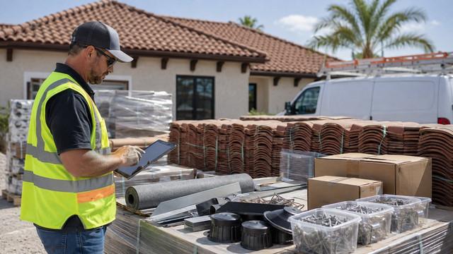 Contractor reviewing tile roof materials, underlayment, flashing and fasteners for a Florida roofing job