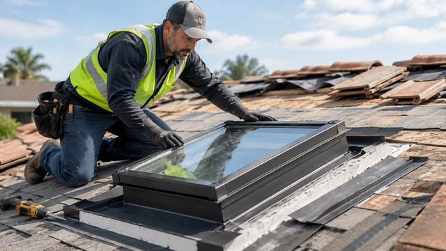 Roofer installing a skylight and flashing during a residential reroof