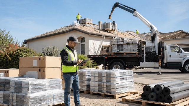 Roofing crew coordinating rooftop and ground-level material delivery at a residential jobsite