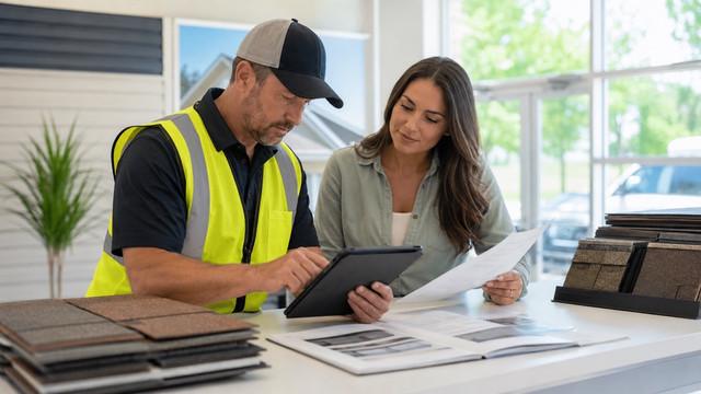 Roofing contractor reviewing financing and payment options with a homeowner in a roofing showroom